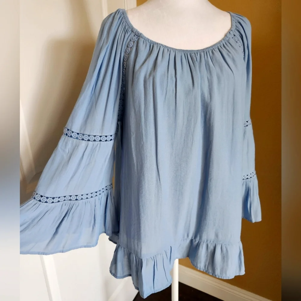 INC International Concepts Women's Ruffled Crochet-Trim Top, Blue, Size Medium - Picture 1 of 8